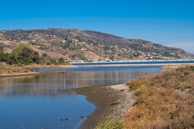 Scenic view of sea against clear blue sky