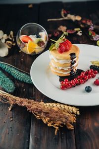 Close-up of dessert served on table