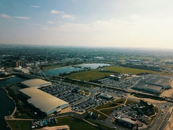 High angle view of river amidst buildings in city