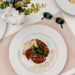 High angle view of food in plate on table