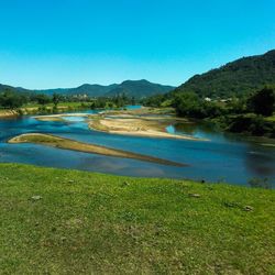 Scenic view of lake against clear blue sky