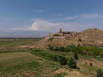 Khor virap against in cloud covered mount ararat