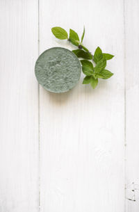 Directly above shot of green leaves on table