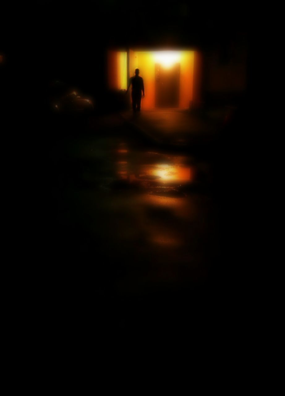 illuminated, night, dark, indoors, lighting equipment, light - natural phenomenon, transportation, glowing, motion, street, blurred motion, one person, silhouette, tunnel, lit, the way forward, road, street light, reflection