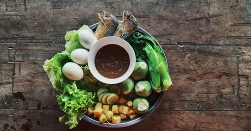 High angle view of fruits in bowl on table