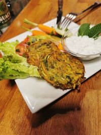 High angle view of food in plate on table