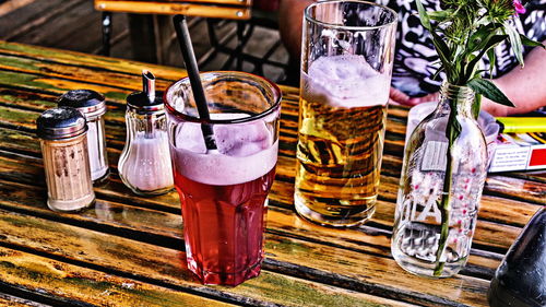 Full frame shot of beer glass on table