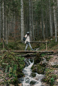 Side view of girl crossing wooden footbridge over creek in forest in autumn