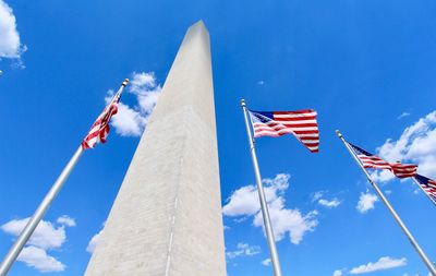 Low angle view of flag against blue sky at washington monument