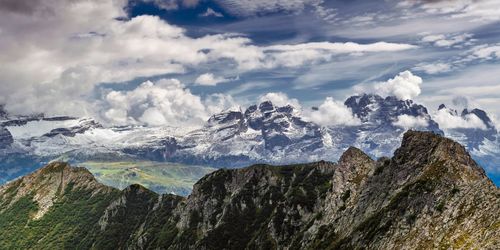 Scenic view of rocky mountains against cloudy sky
