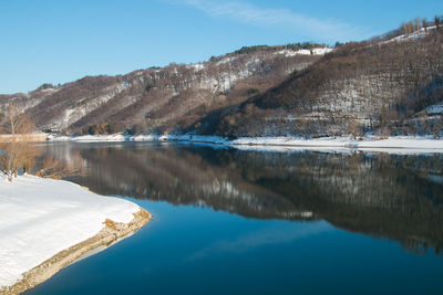 Scenic view of lake and mountains against sky