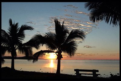 Silhouette palm trees on beach against sky at sunset