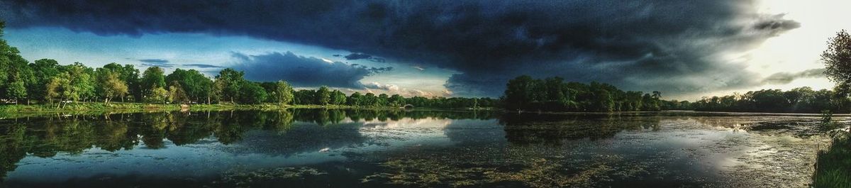 Scenic view of lake against cloudy sky