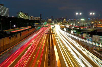 High angle view of light trails on city street