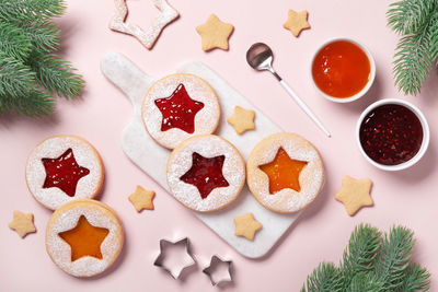 High angle view of cookies in plate on table