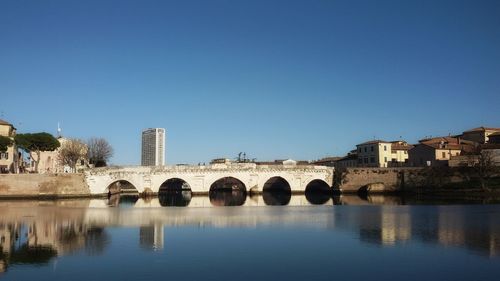 Reflection of bridge in water against clear sky