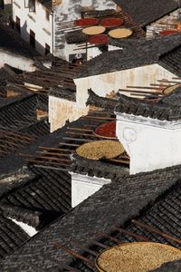 High angle view of food drying on rooftops