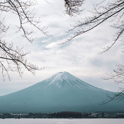 Scenic view of snowcapped mt fuji against cloudy sky