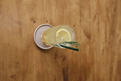 High angle view of drink on table