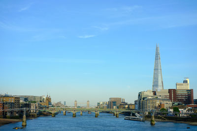 London city skyline and river thames viewed from blackfriars station. clear blue sky.