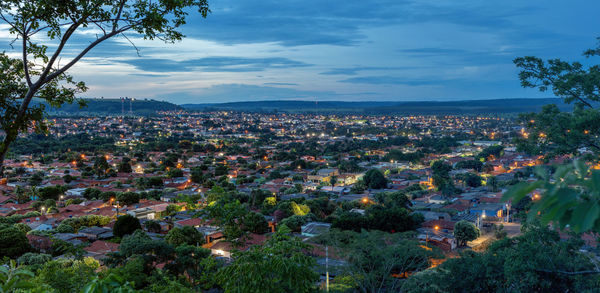 High angle view of townscape against sky in city