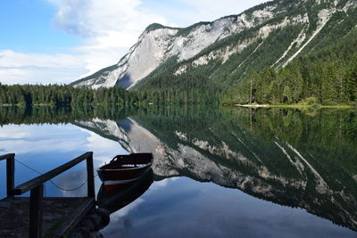 Scenic view of lake by mountains against sky