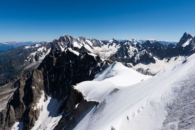 Scenic view of snow covered mountains against clear sky