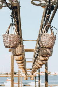 Low angle view of baskets against sky