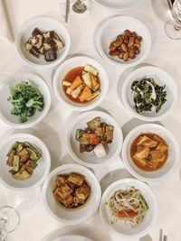 High angle view of food served on table