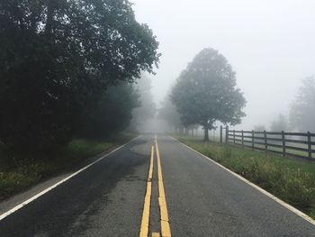 Empty road by trees during foggy weather