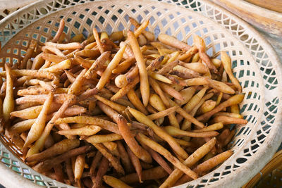 High angle view of pasta in basket