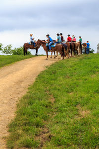 People riding horses on field