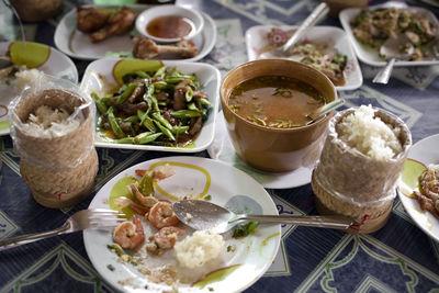 Close-up of served asian meal