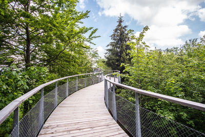 Footbridge over trees against sky