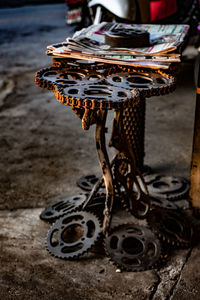 Close-up of rusty bicycle on beach