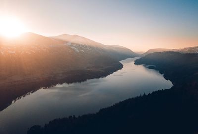 Scenic view of mountains against sky during sunset