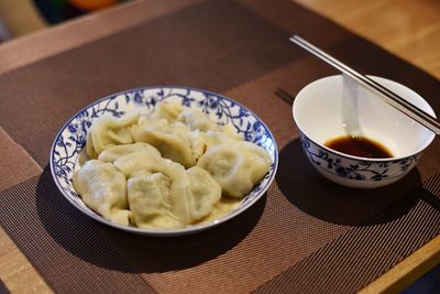 High angle view of meal served on table