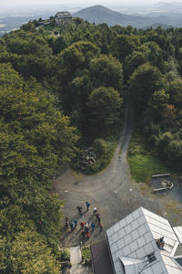 High angle view of people on mountain road