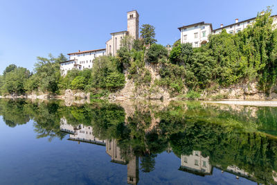 Trees by lake against buildings