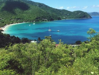 High angle view of bay against clear sky