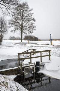 Snow covered field by trees during winter