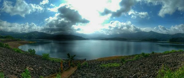 Scenic view of lake against cloudy sky