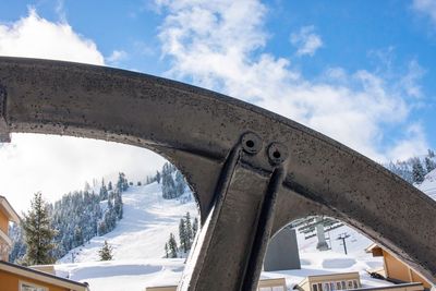 Low angle view of snow covered mountain against sky