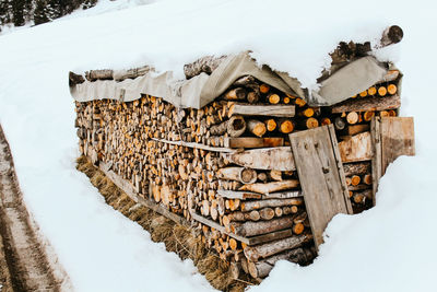 Stack of logs on snow covered field