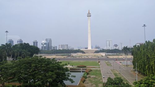 Buildings in city against clear sky