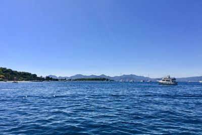 Scenic view of sea against clear blue sky