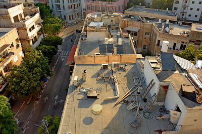 High angle view of street amidst buildings in city