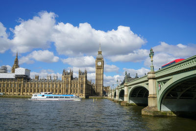 View of bridge over river against buildings