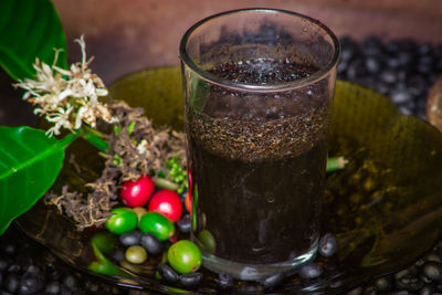 High angle view of drink on table