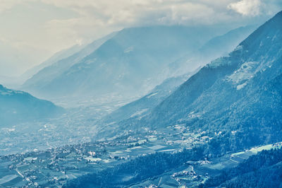 Aerial view of snowcapped mountains against sky